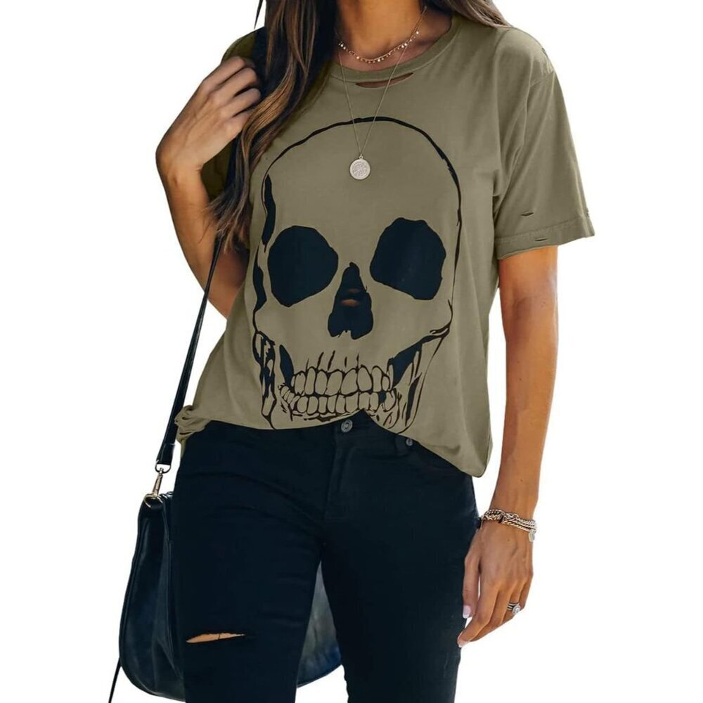 Women's Cotton Graphic T-Shirt Summer Short Sleeve Skull Distressed Casual Tops